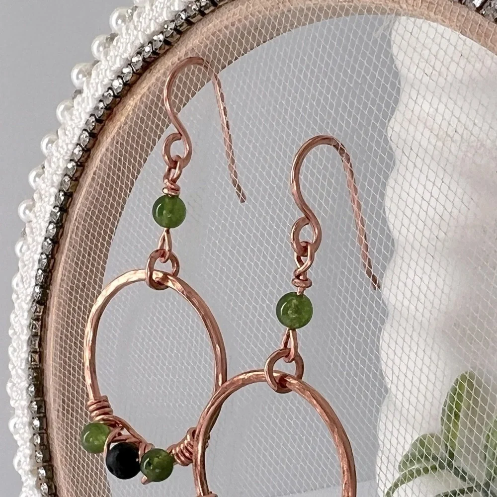 Wire Wrap Copper Earrings with Green Jade & Black Lava Stone